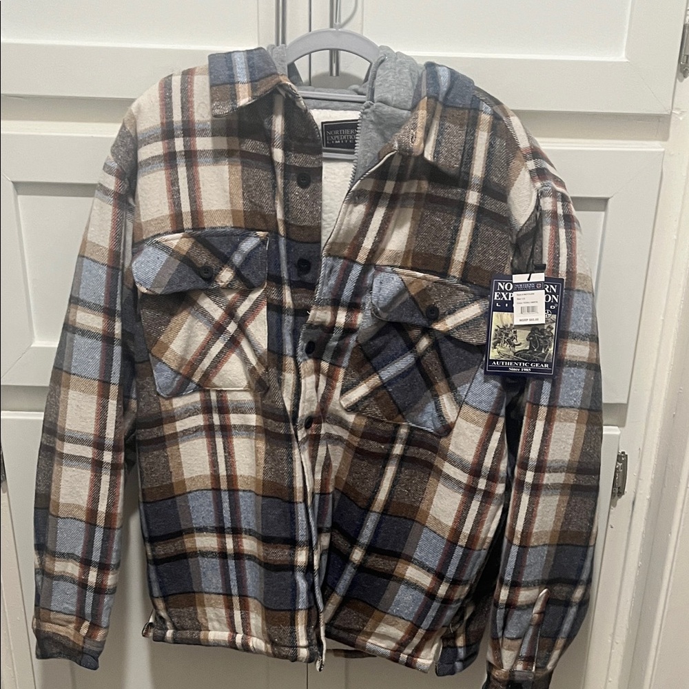 Men's Plaid Jean Jacket - Blue, Brown, and White